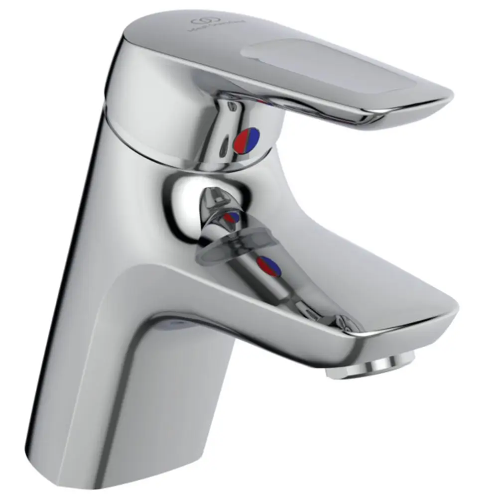 Waschtischarmatur aus Chrom mit flacher Auslauf, Einhebelbedienung und Thermostat-Kontrollknopf von Ideal Standard. Geeignet für eine moderne Badezimmereinrichtung.
